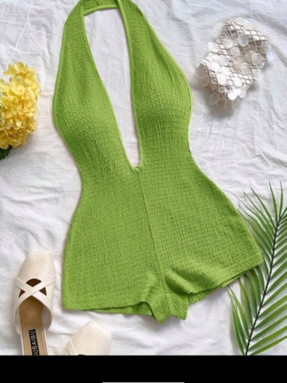 SHEIN Ladies Lime Green Textured Halter Romper Bodysuit